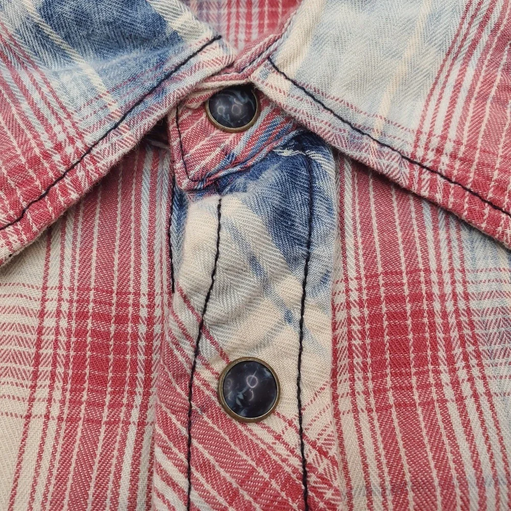 True Religion Shirt Men Large Red White Blue Plaid Western Pearl Snap Y2K Cowboy